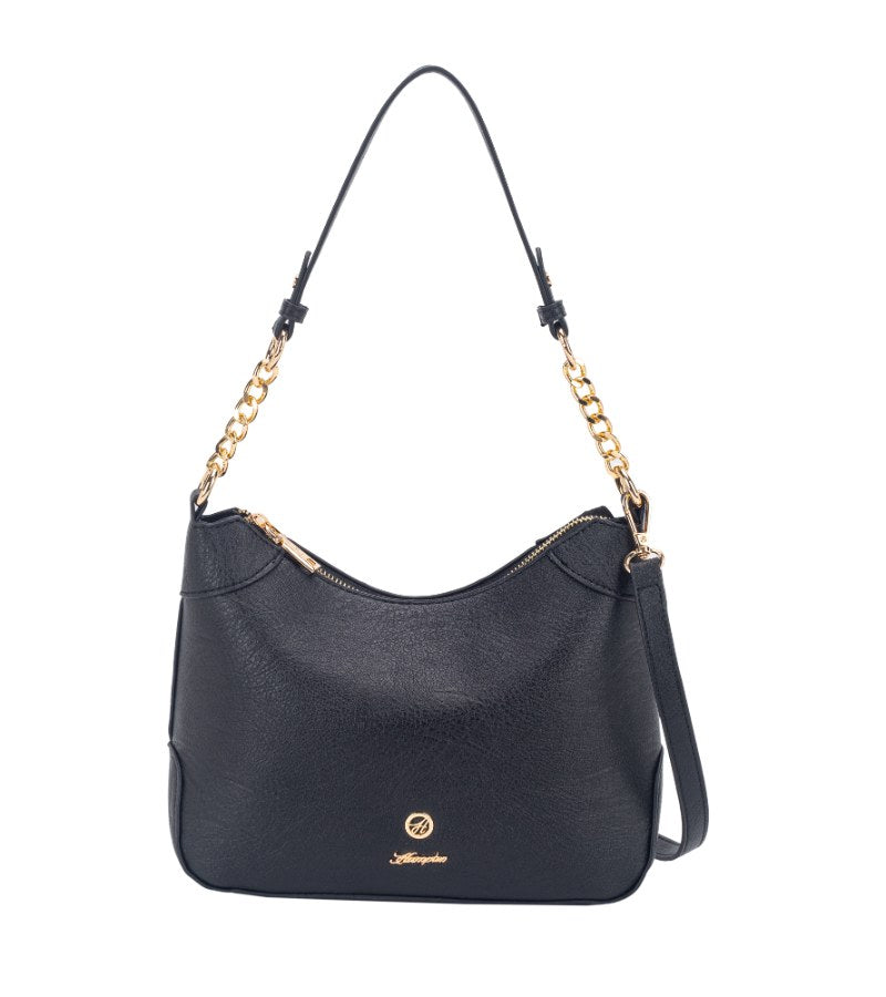 Black handbag with gold chain detail on a white background