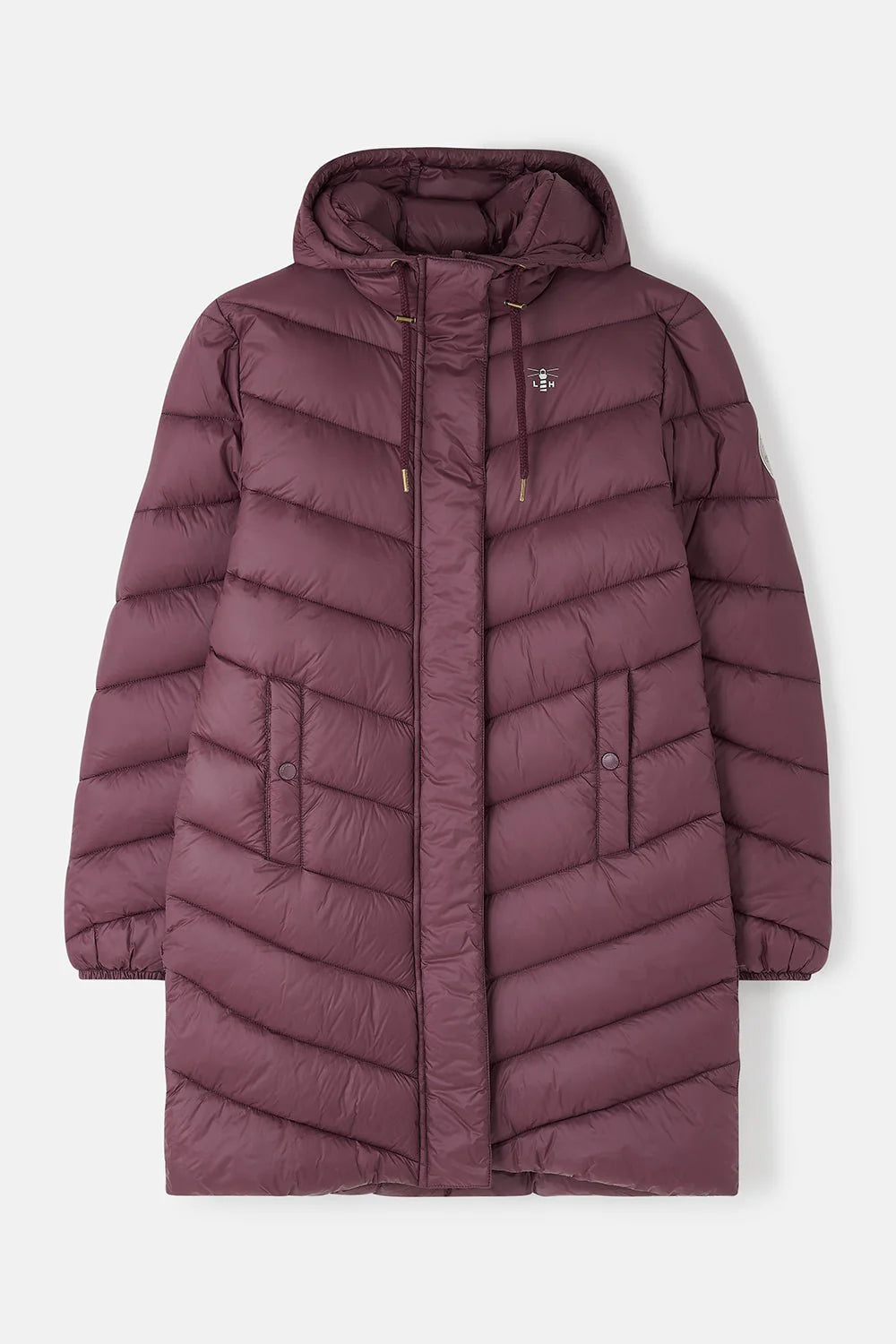 Purple puffer coat on a light gray background
