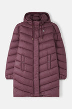 Purple puffer coat on a light gray background