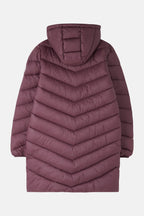 Purple puffer jacket with a hood on a white background