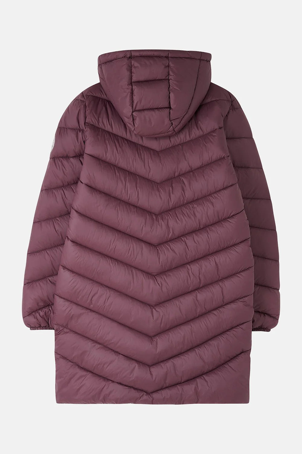 Purple puffer jacket with a hood on a white background