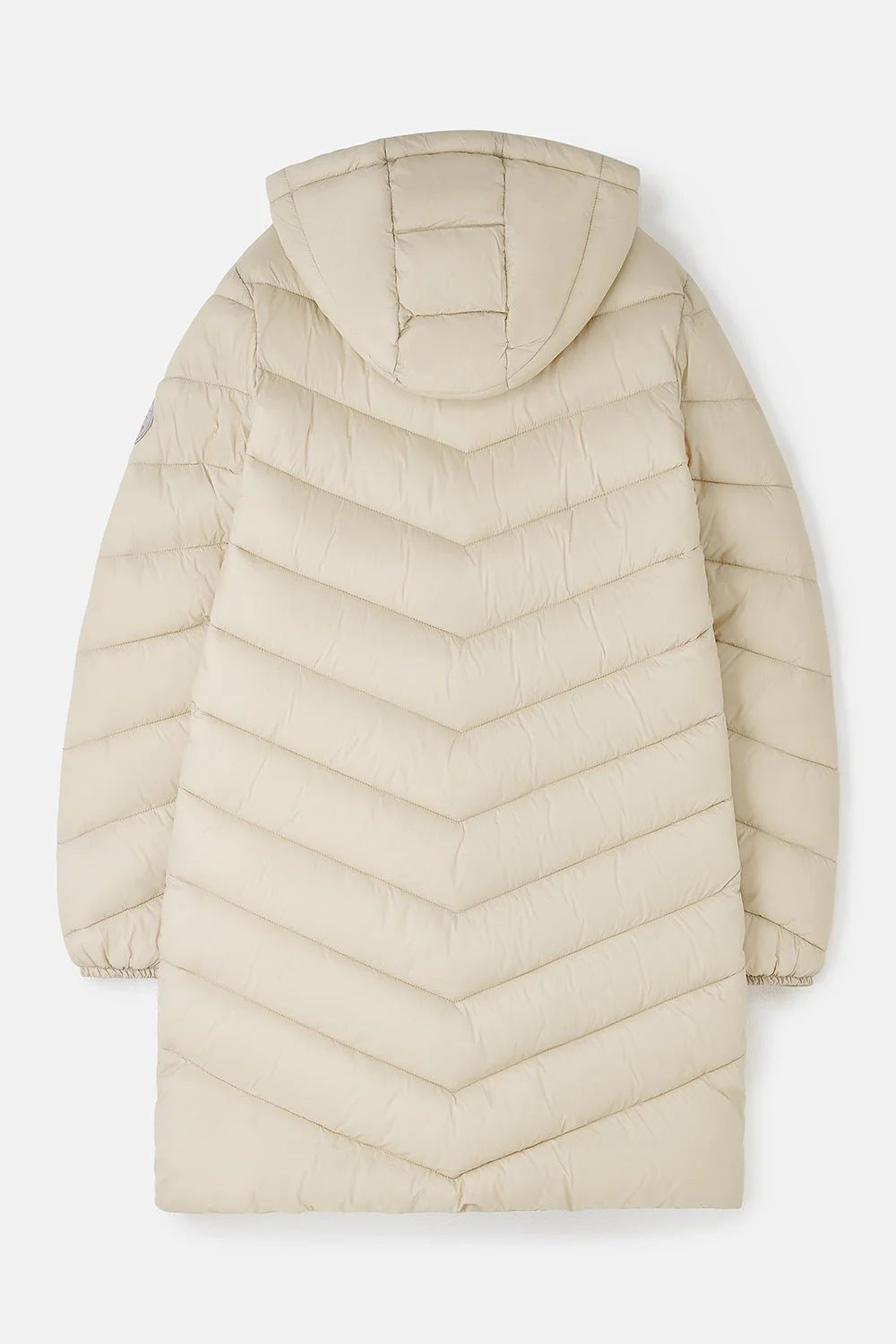 Beige puffer jacket with a hood on a light gray background
