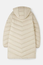 Beige puffer jacket with a hood on a light gray background