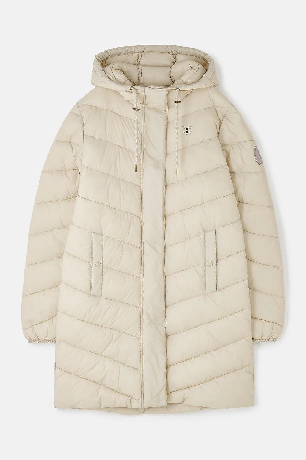Beige puffer coat on a white background
