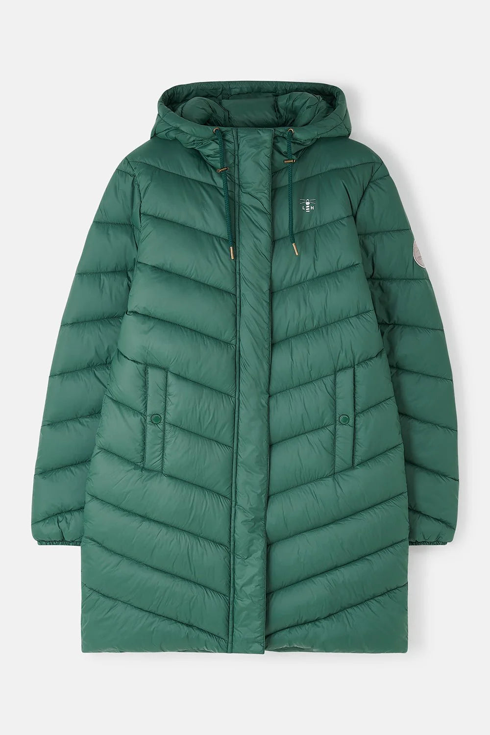 Green puffer coat on a light gray background