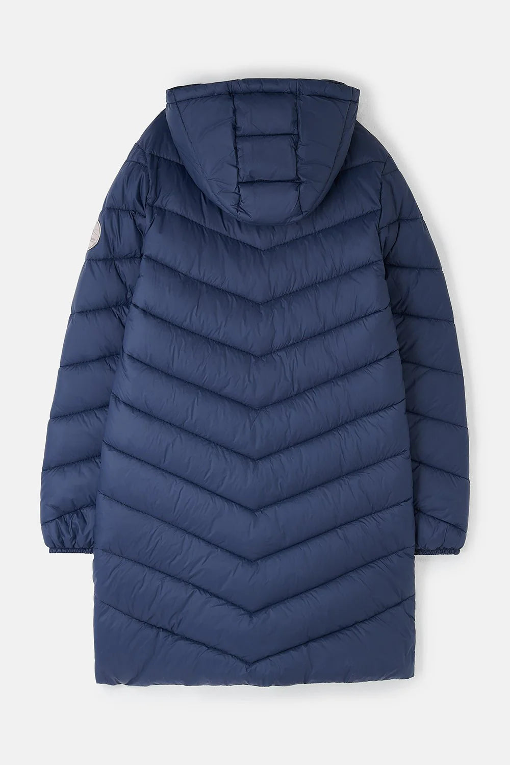 Blue puffer jacket with a hood on a white background