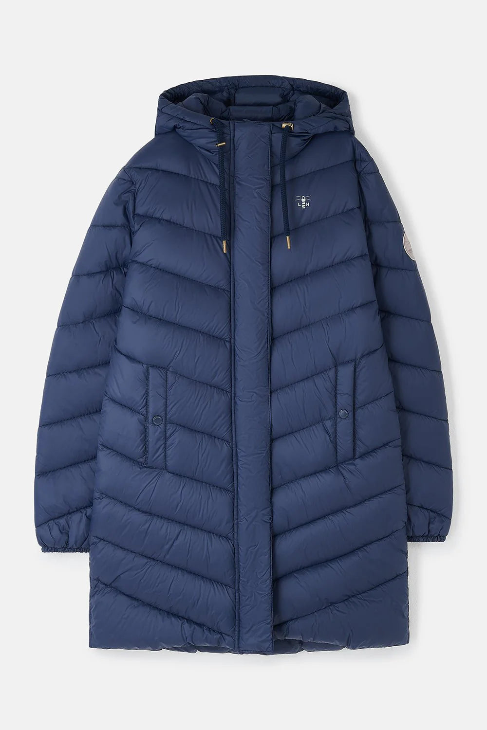 Blue puffer coat on a white background