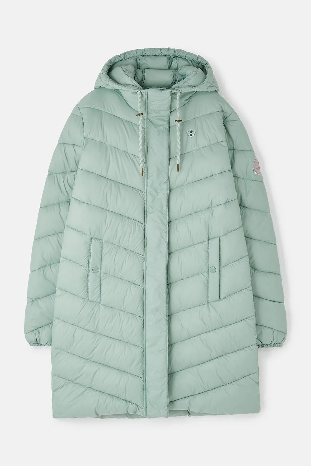 Light green puffer coat on a white background