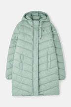 Light green puffer coat on a white background