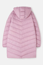 Pink puffer coat with a hood on a white background