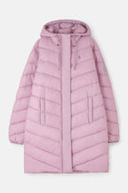 Pink quilted jacket with a hood on a light gray background