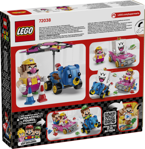 LEGO Super Mario Mario Kart Wario & King Boo set (72038) showing Wario's Badwagon, King Boo’s Teddy Buggy, shell-launch action, drifting and glider features.