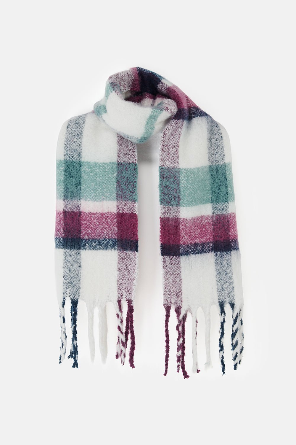 Plaid scarf with fringe on a white background