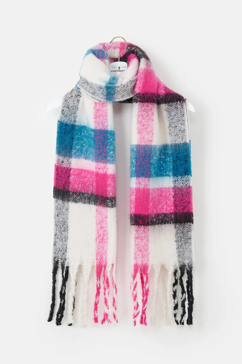 Multicolored plaid scarf with fringe on a white background