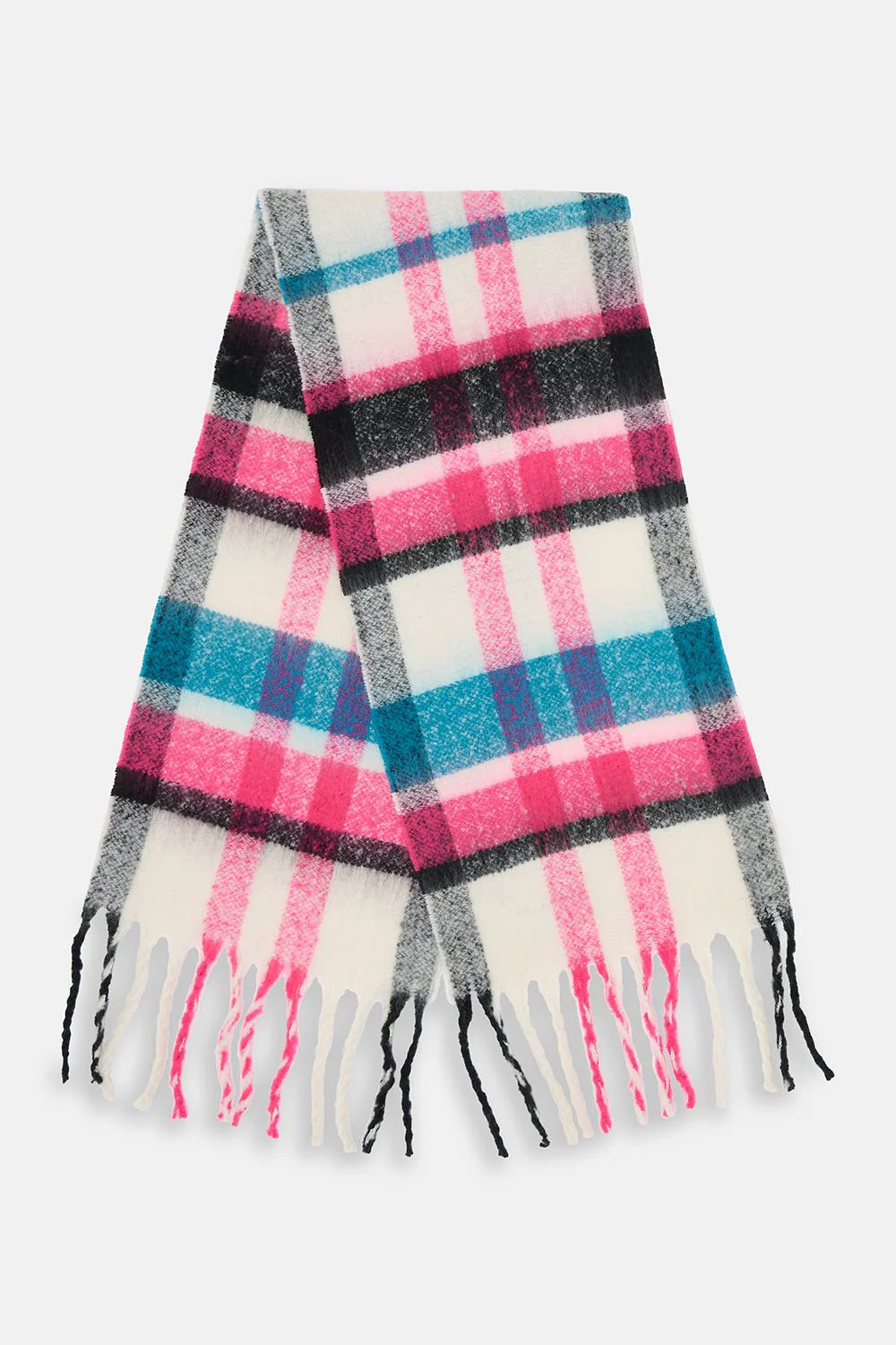 Plaid scarf with pink, blue, and black colors on a white background