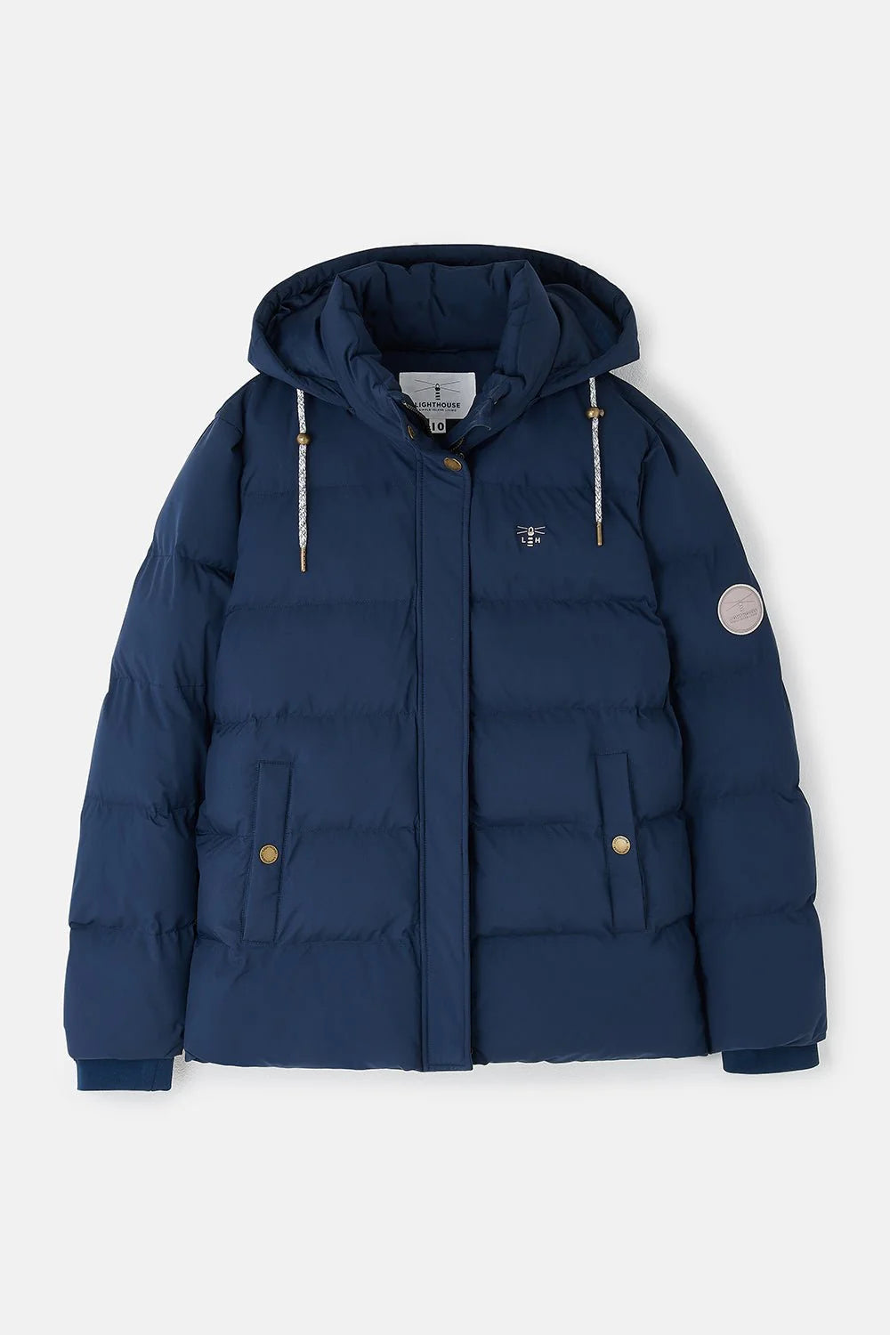 Blue puffer jacket with a brand logo on a white background