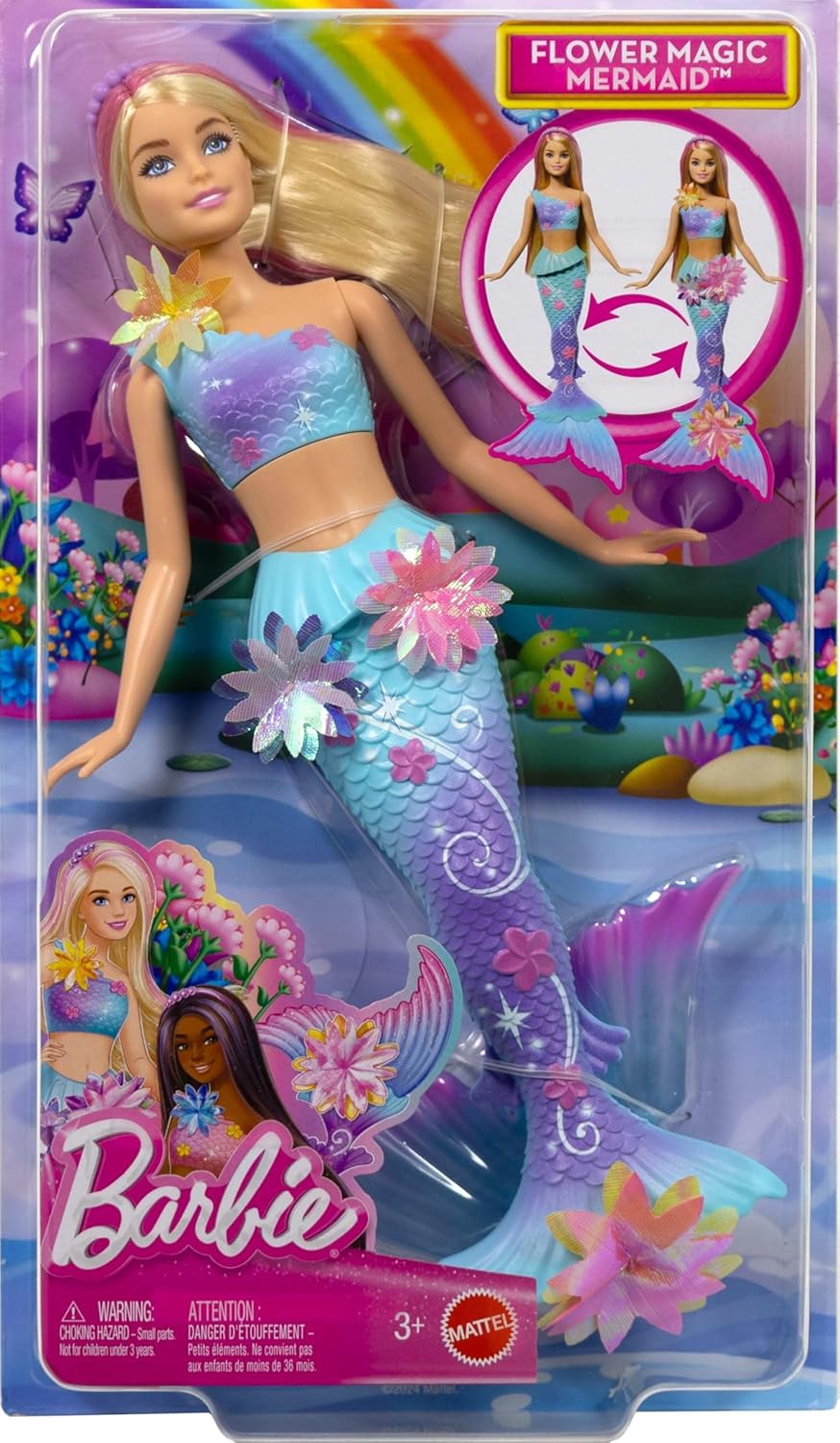 Barbie Flower Magic Mermaid doll in packaging with colorful mermaid design.