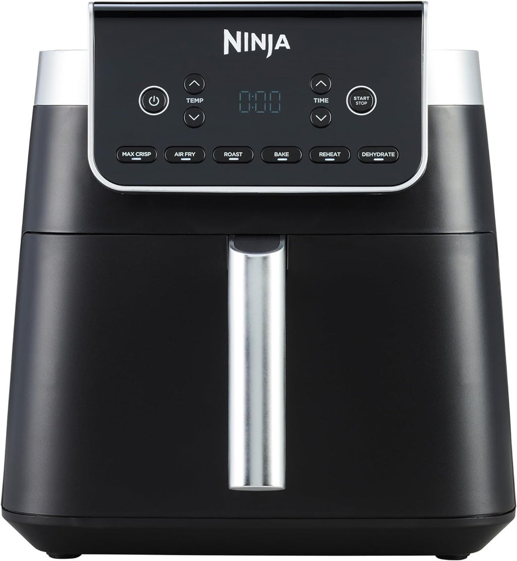 A black Ninja brand air fryer with a digital display and multiple function settings, featuring a drawer in the center.