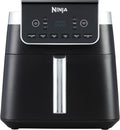 A black Ninja brand air fryer with a digital display and multiple function settings, featuring a drawer in the center.