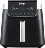 A black Ninja brand air fryer with a digital display and multiple function settings, featuring a drawer in the center.