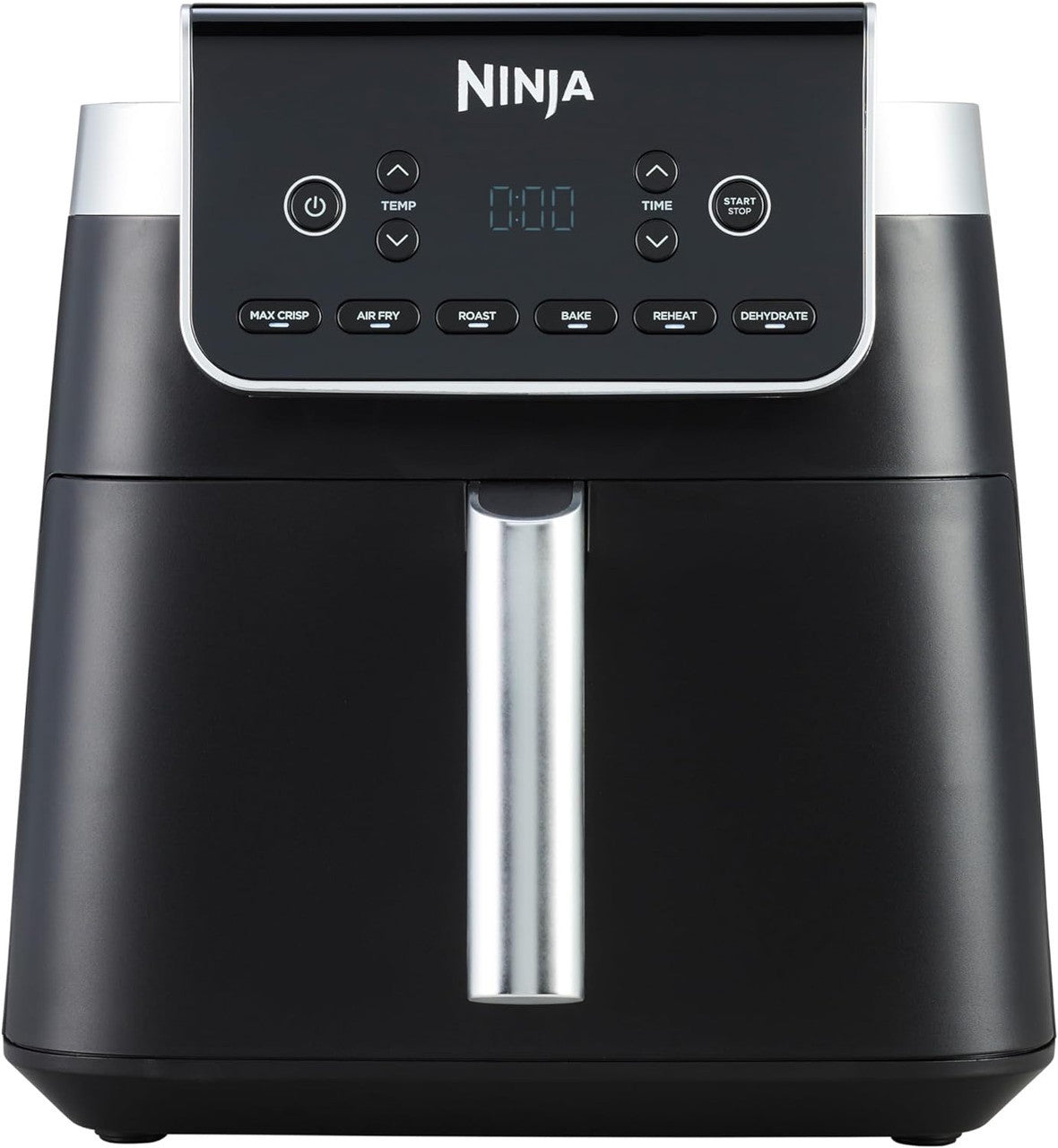 A black Ninja brand air fryer with a digital display and multiple function settings, featuring a drawer in the center.