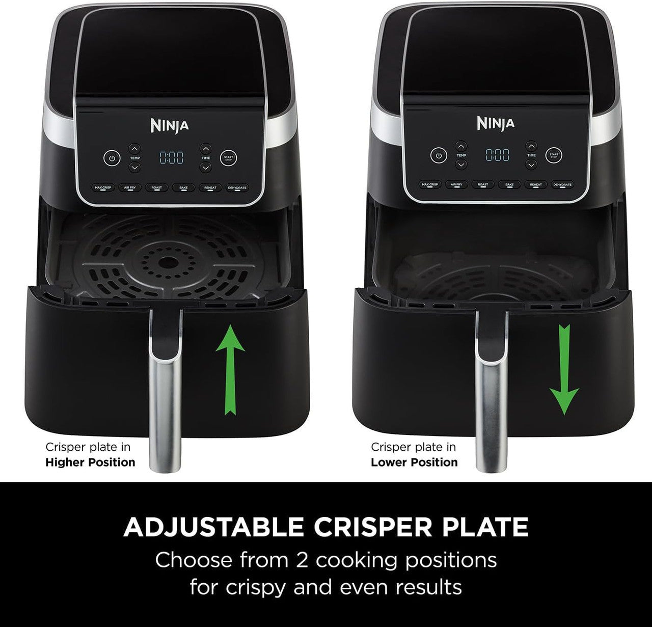 The Adjustable Crisper Plate is shown moving up and down
