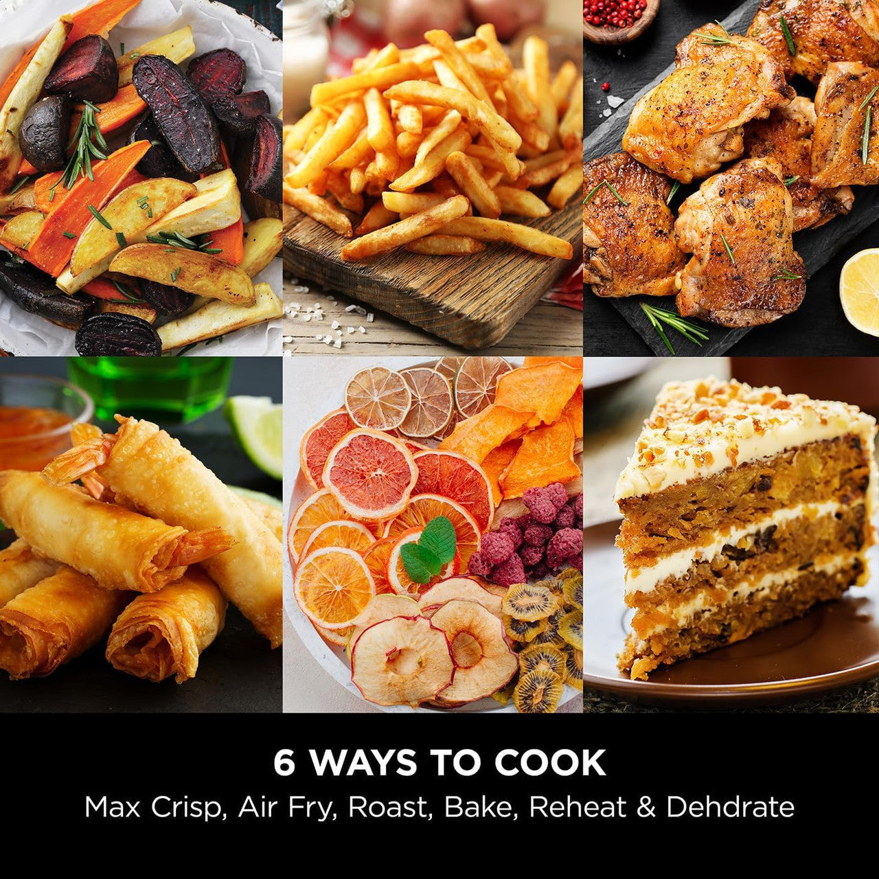 Image showing the sx ways to cook, max crisp, air fry, roast, bake, reheat and defrost