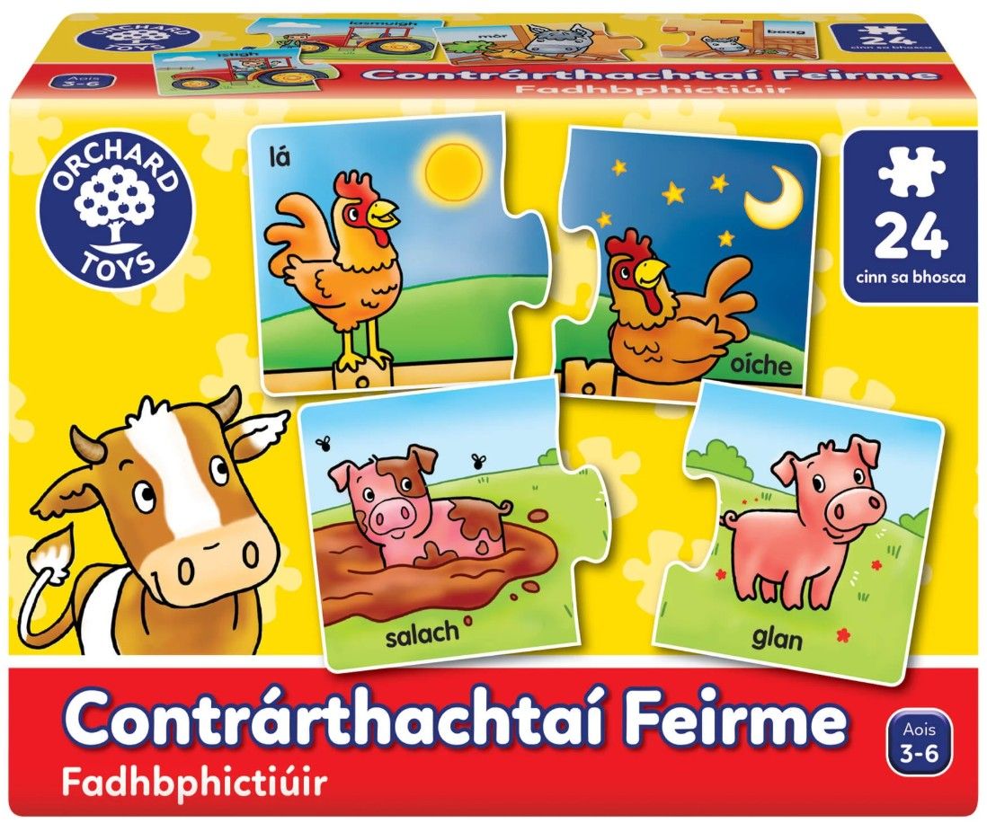 Orchard Toys Contrárthachtaí Feirme – Farm Opposites Game as Gaeilge