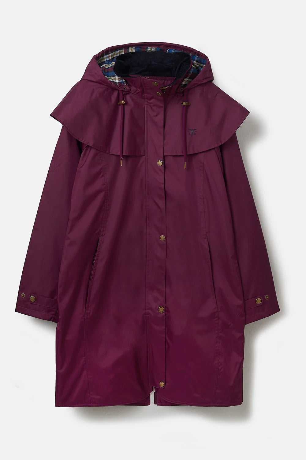 Purple raincoat with a plaid lining on a white background