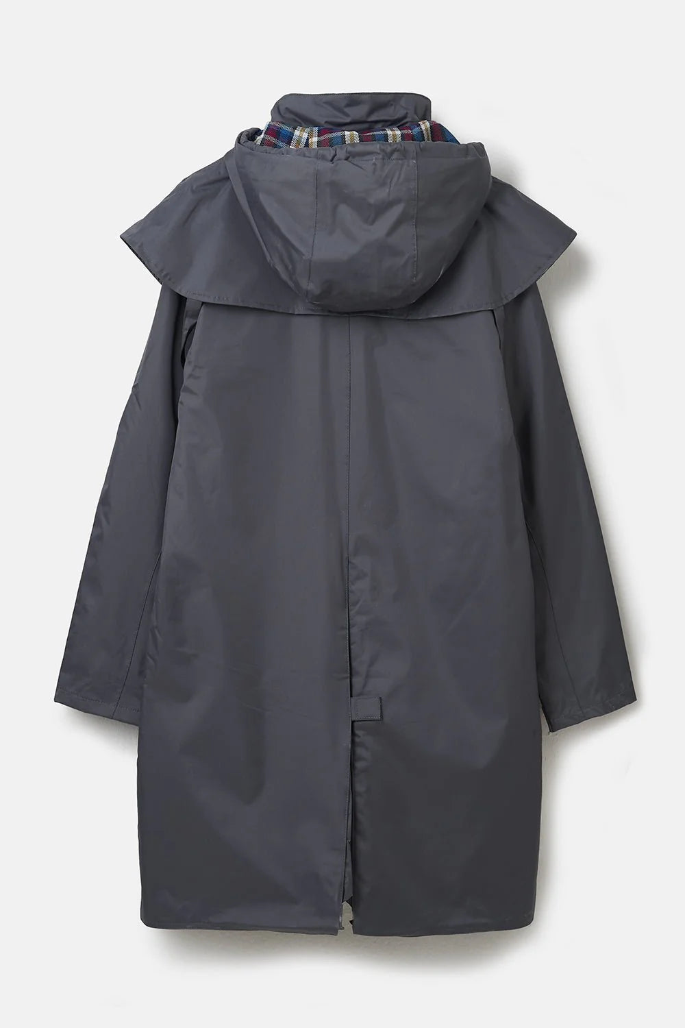 Dark gray raincoat with plaid lining on a white background