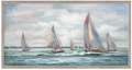 Painting of sailboats on a body of water with a cloudy sky.