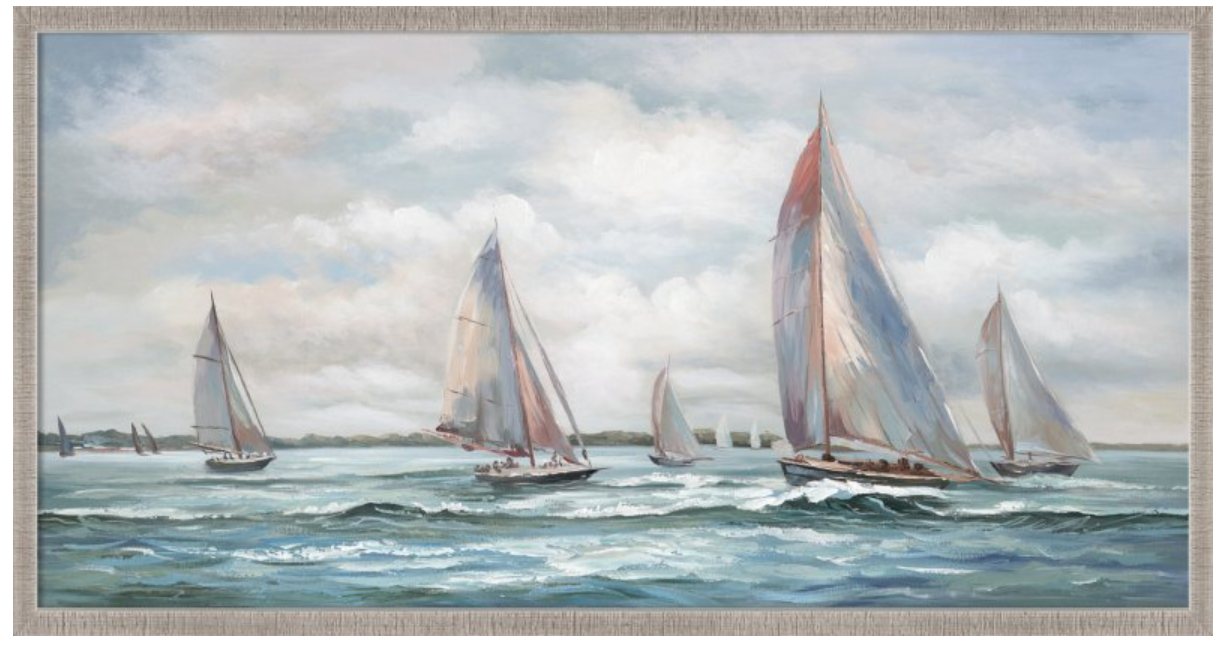 Painting of sailboats on a body of water with a cloudy sky.
