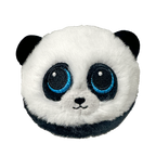 Plush toy panda with large blue eyes on a white background