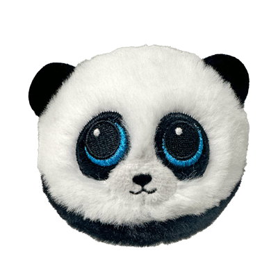 Plush toy panda with large blue eyes on a white background