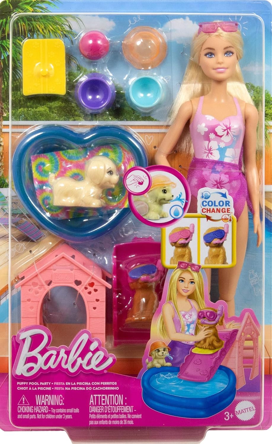 Barbie toy set with doll, pets, and accessories in packaging