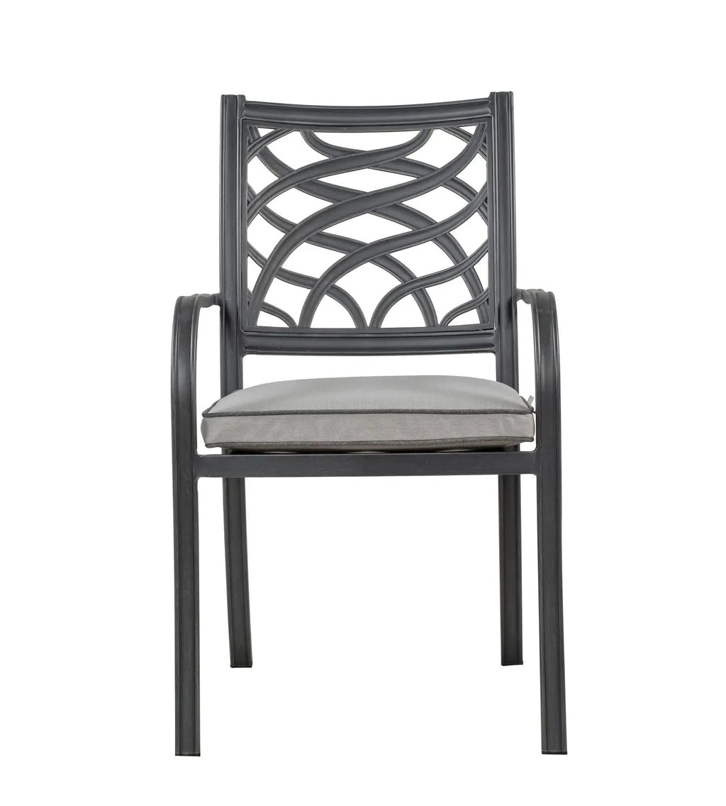 A dark gray metal dining chair with a decorative lattice backrest and a light gray cushioned seat, shown against a plain white background.