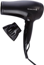 Black Remington hair dryer with nozzle attachment on a white background