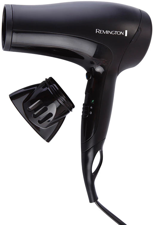 Black Remington hair dryer with nozzle attachment on a white background