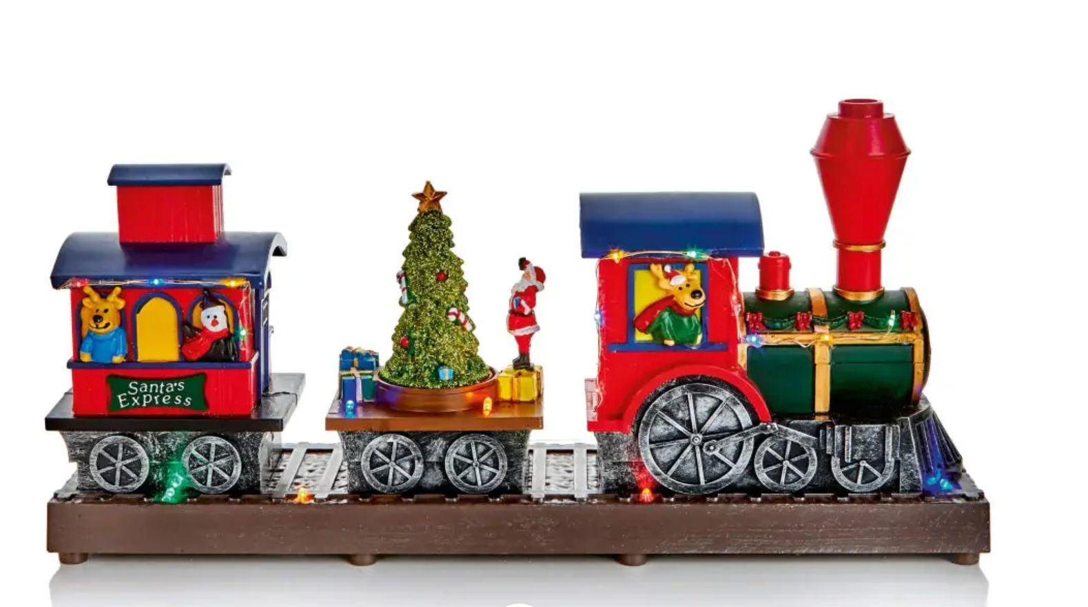 Colorful Christmas train set with Santa Claus figure and tree on a white background