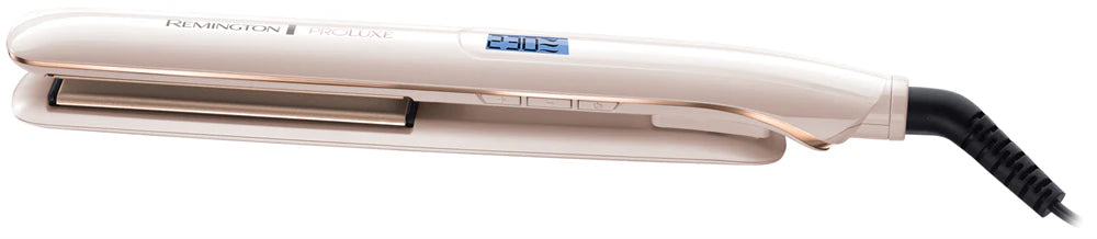 Hair straightener with a beige and black design on a white background