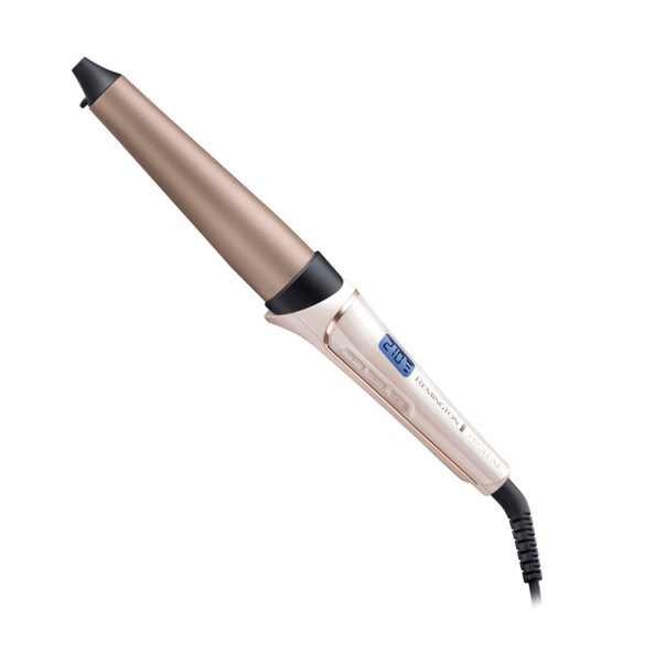 Hair curling iron with a beige and black design on a white background