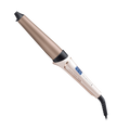 Hair curling iron with a beige and black design on a white background