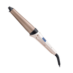 Hair curling iron with a beige and black design on a white background