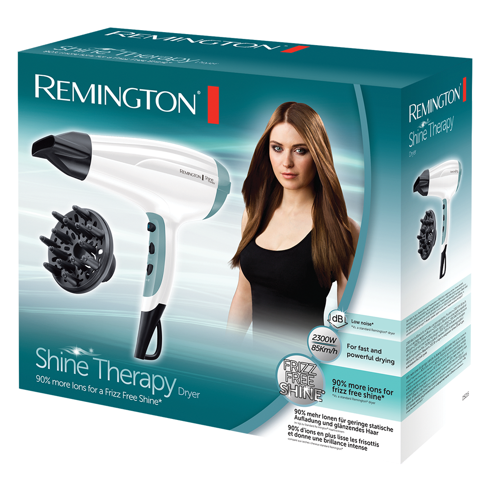 Remington Shine Therapy dryer packaging with a woman and dryer illustration.