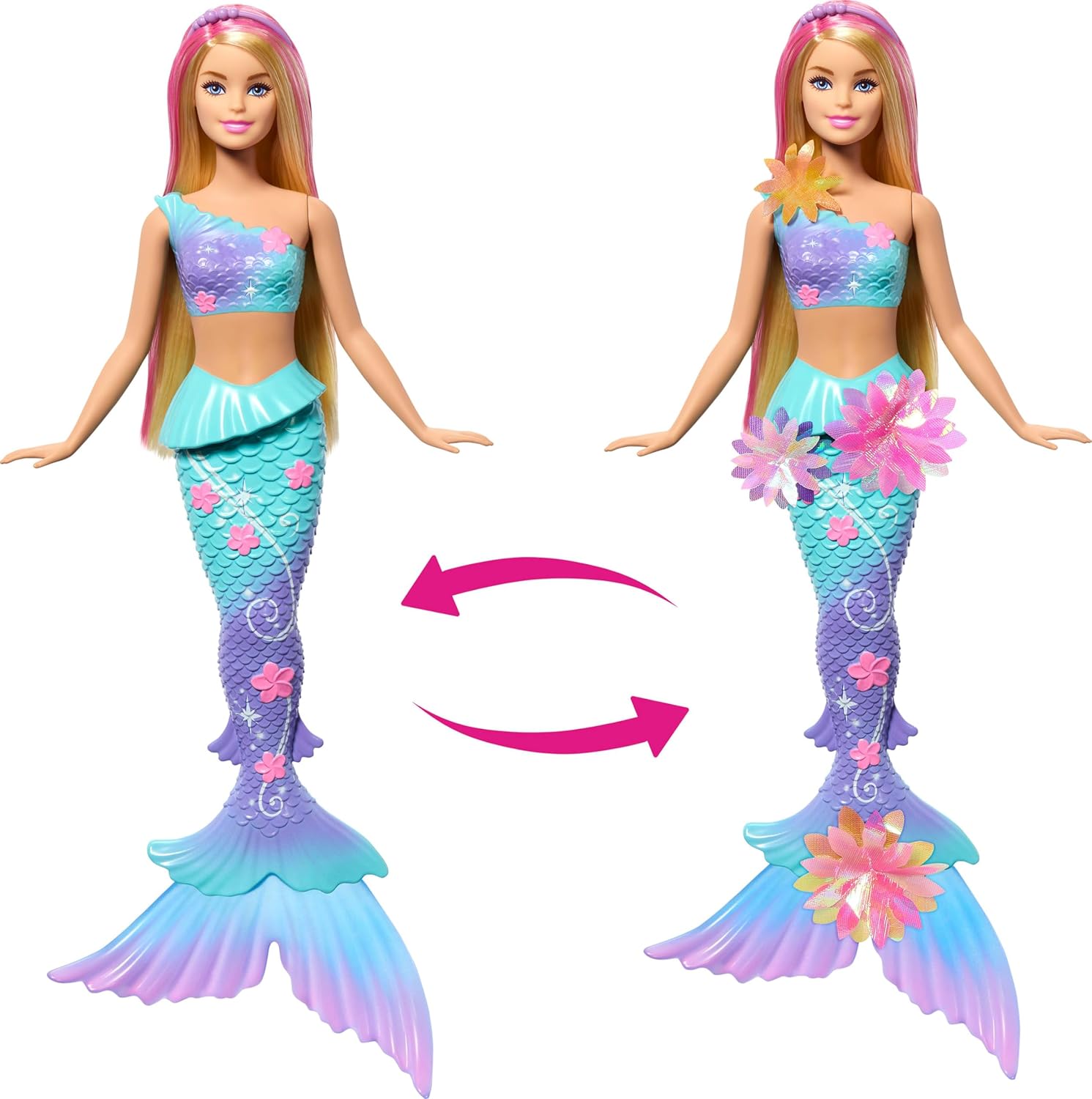 Mermaid doll with a reversible tail on a white background
