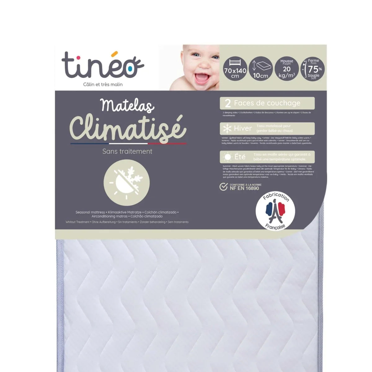 Tineo Matelas Climatisé (Air-Conditioned Mattress) in its retail packaging, featuring a white quilted mattress with a dark gray and beige label.
