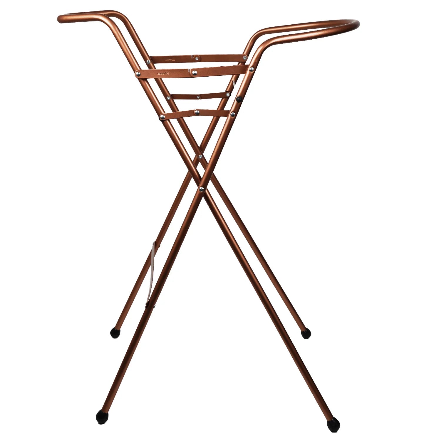 Copper-colored metal folding stand on a white background
