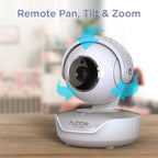Hubble connected camera with remote pan, tilt, and zoom features on a wooden surface.