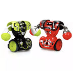 Two toy robots, one black and yellow, one red and black, on a white background