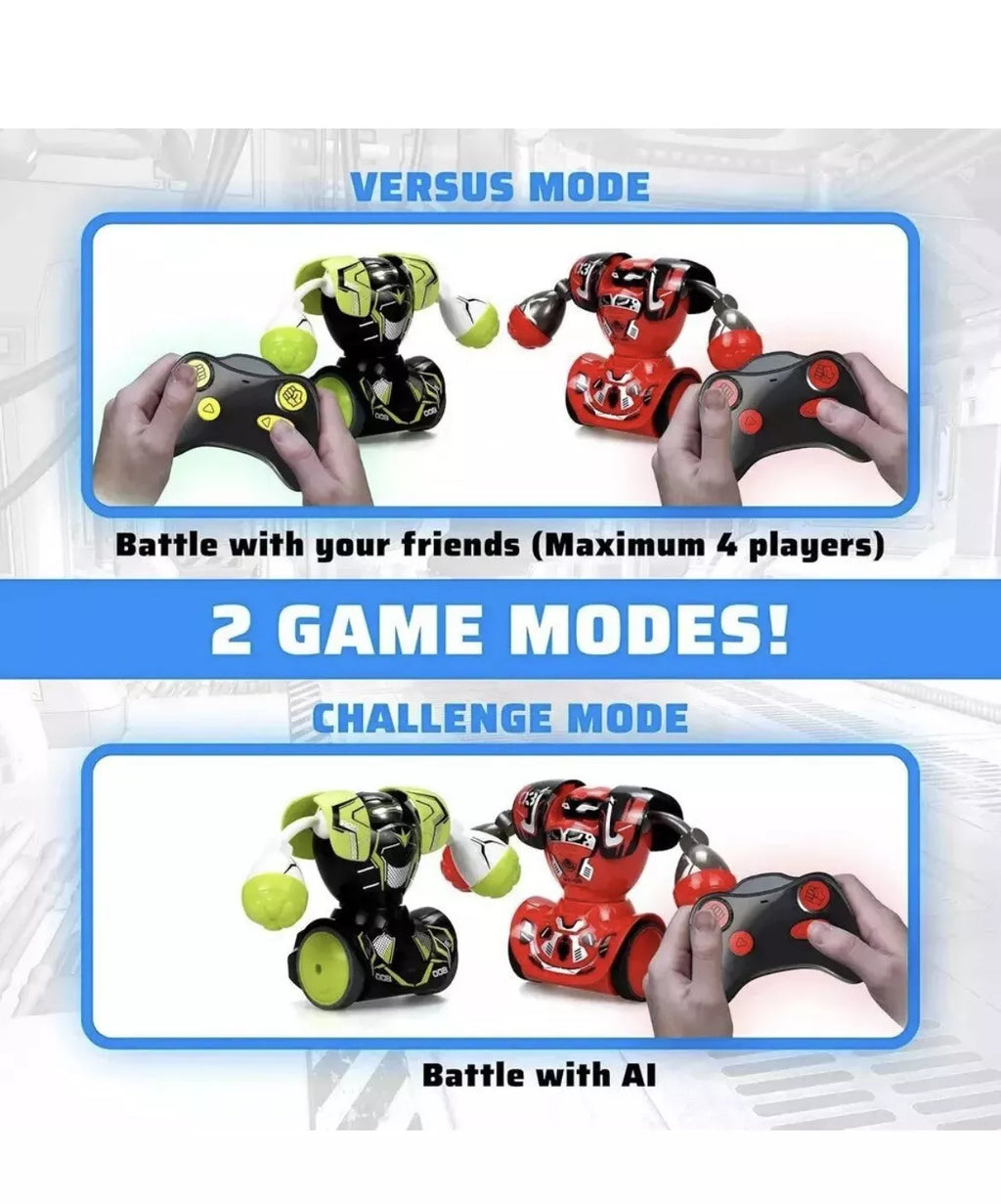 Toy robot battle set with two game modes on a white background